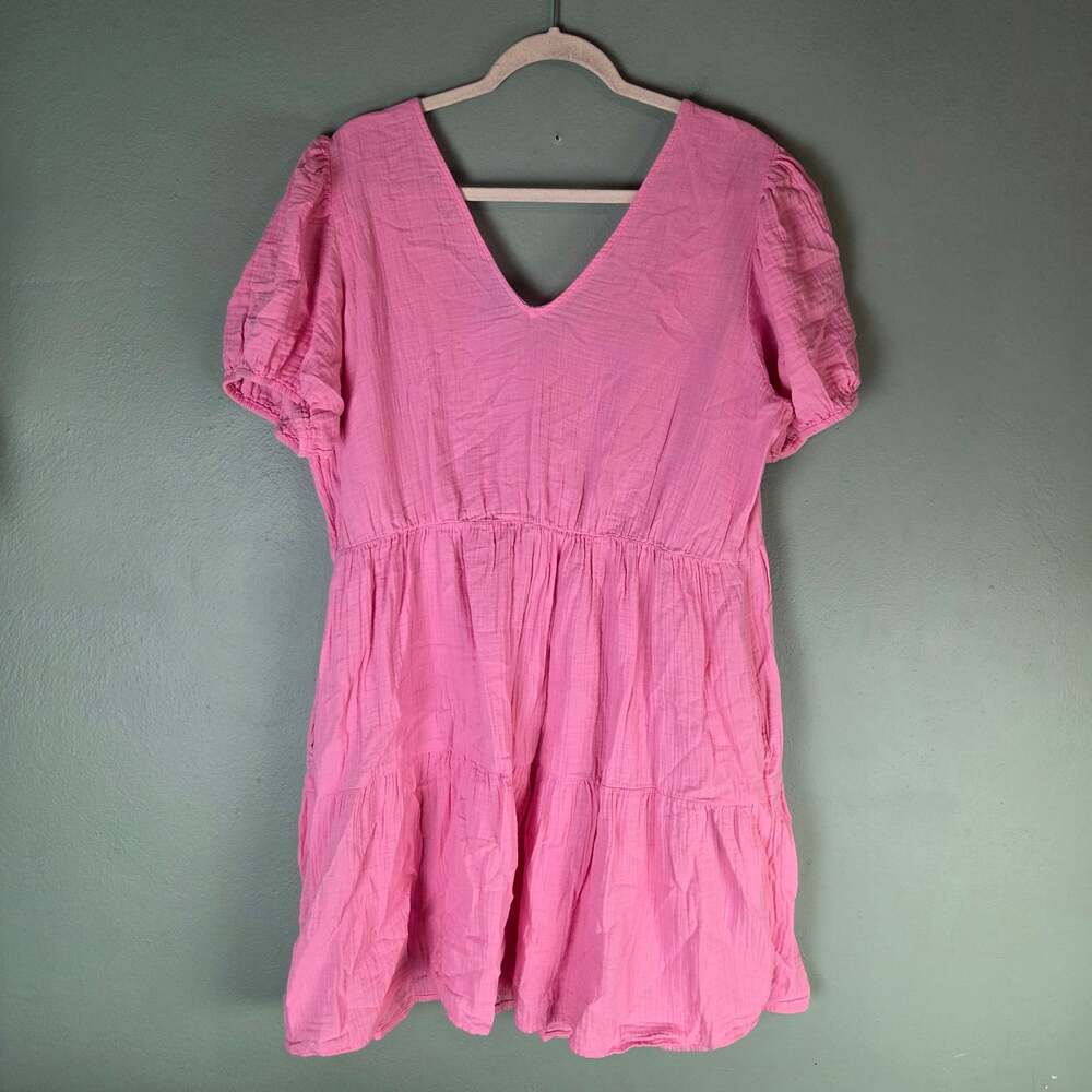 Gap Womens Crinkle Gauze Puff Sleeve Tiered Mini Dress Size Medium Pink Pockets